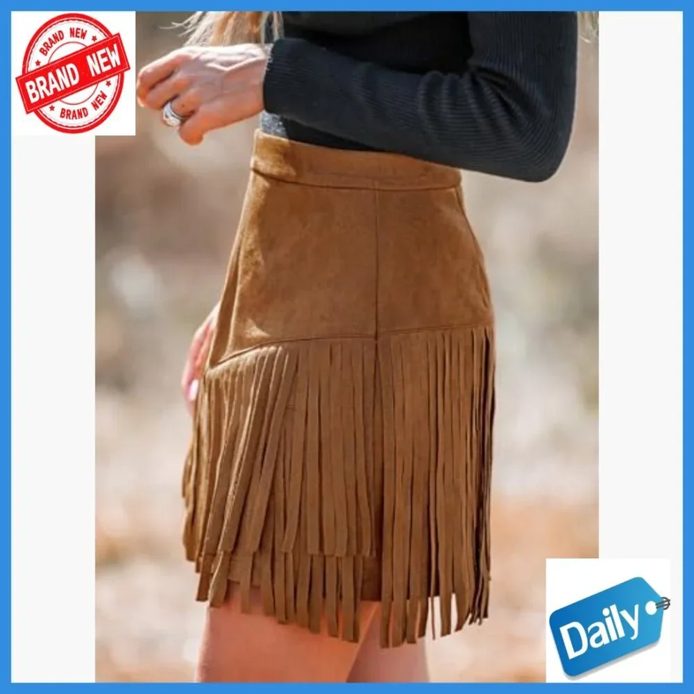 Western Fringe Suede Mini Skirt High Waist Tassel Country Concert